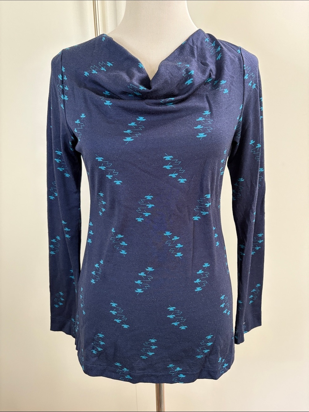 ibex Navy 100% Wool Long Sleeve Cowl Neck Tee with Bright Blue Print | S